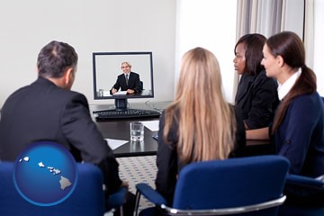 businesspeople participating in a video conference - with Hawaii icon