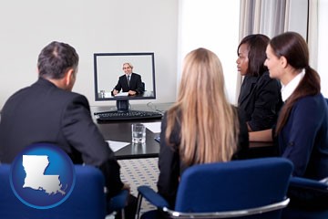 businesspeople participating in a video conference - with Louisiana icon