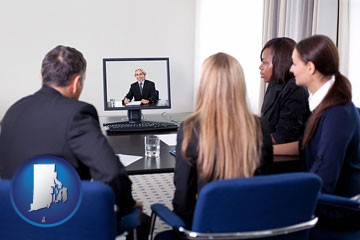 businesspeople participating in a video conference - with Rhode Island icon