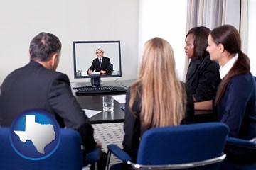 businesspeople participating in a video conference - with Texas icon