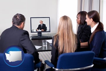 businesspeople participating in a video conference - with Washington icon