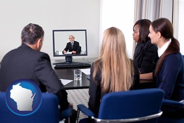 businesspeople participating in a video conference - with Wisconsin icon